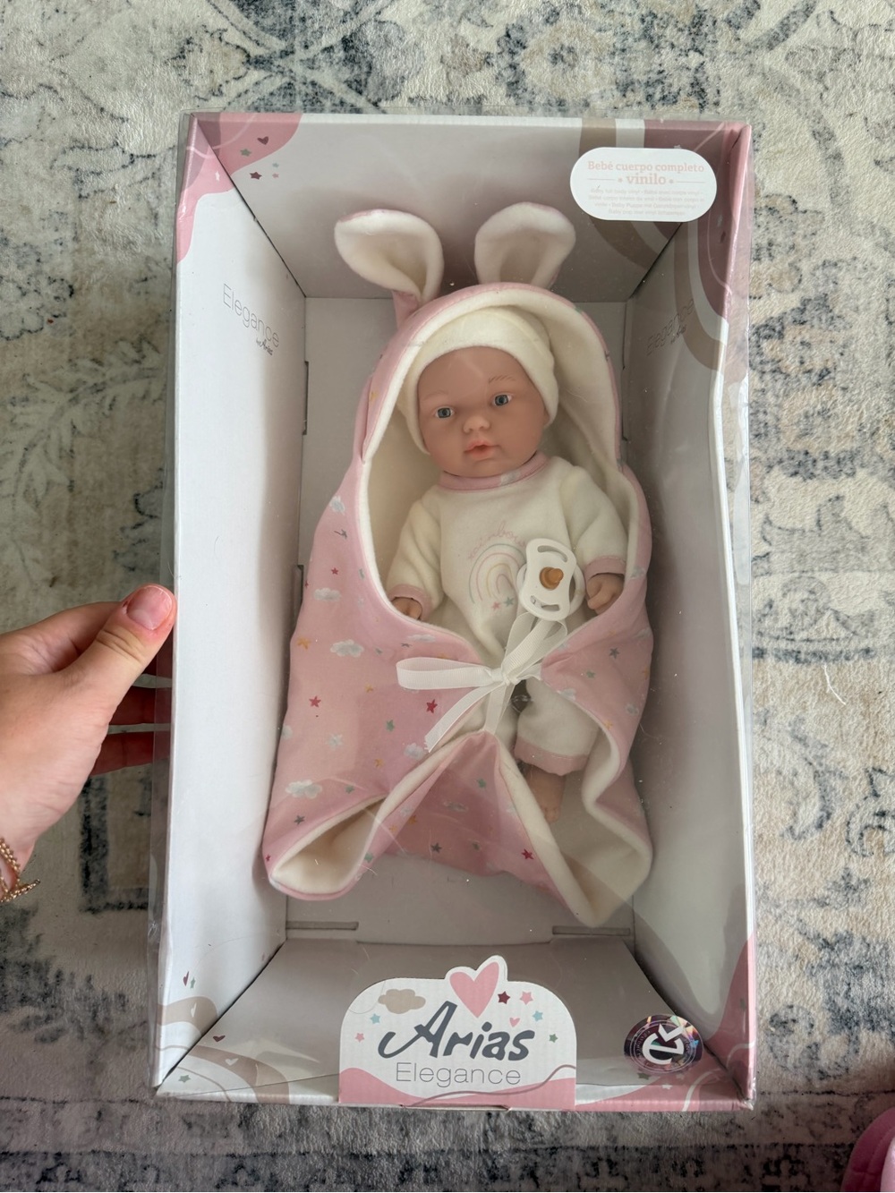 Arias Elegance Pink Baby Doll with Bunny Hood